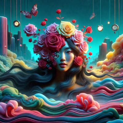 The primary subject of the image is a woman with a flower crown on her head. She is surrounded by a vibrant and colorful environment, which includes a variety of flowers and clocks. The setting appears to be a surreal and artistic scene, possibly a digital art or illustration. The woman's expression and the overall atmosphere convey a sense of beauty and creativity.